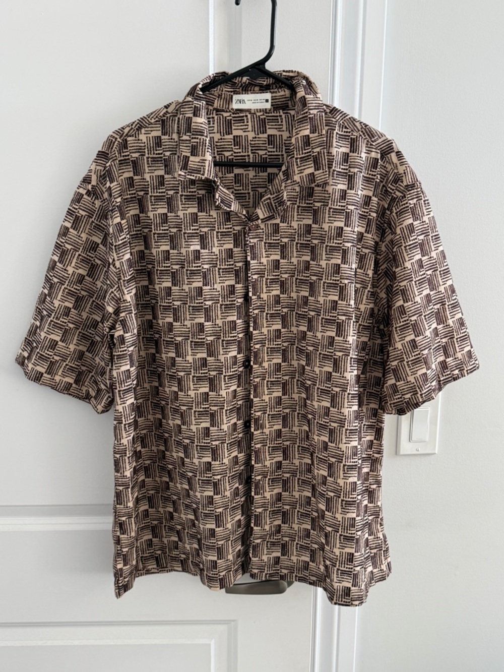 Zara Men Short Sleeve Geometric Print Shirt - Brown & Black